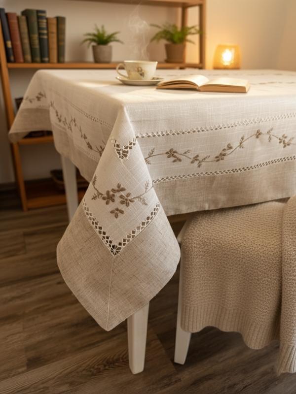 Obrus 130x170 z mereżką ręcznie haftowaną