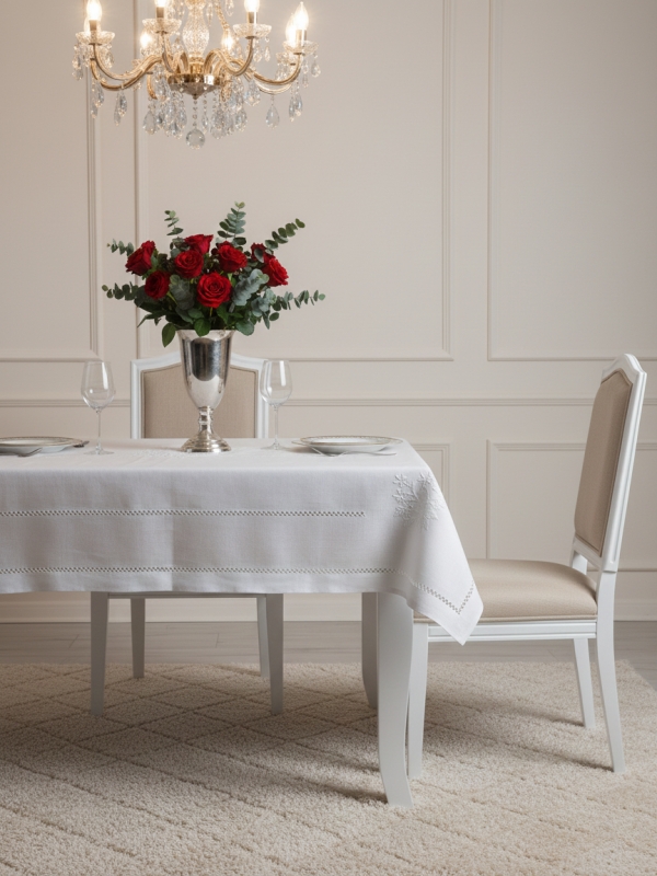 Biały obrus 170x450, mereżka ręcznie haftowana