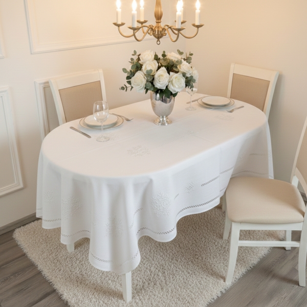Obrus 170 x 220 biały, z ręcznie haftowaną mereżką, owalny